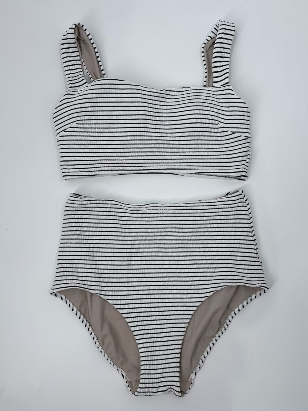 Lululemon White & True Navy Striped Smocked Swim Top & Bottoms